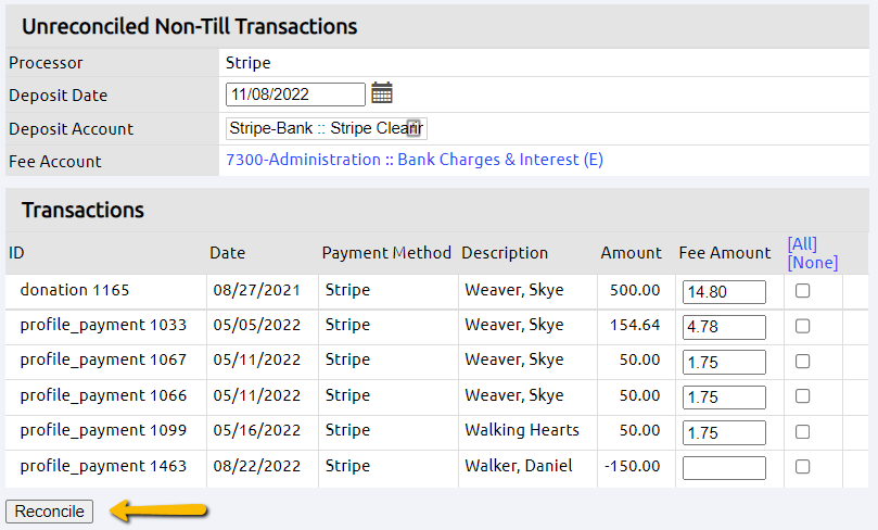 transactions and reconcile button