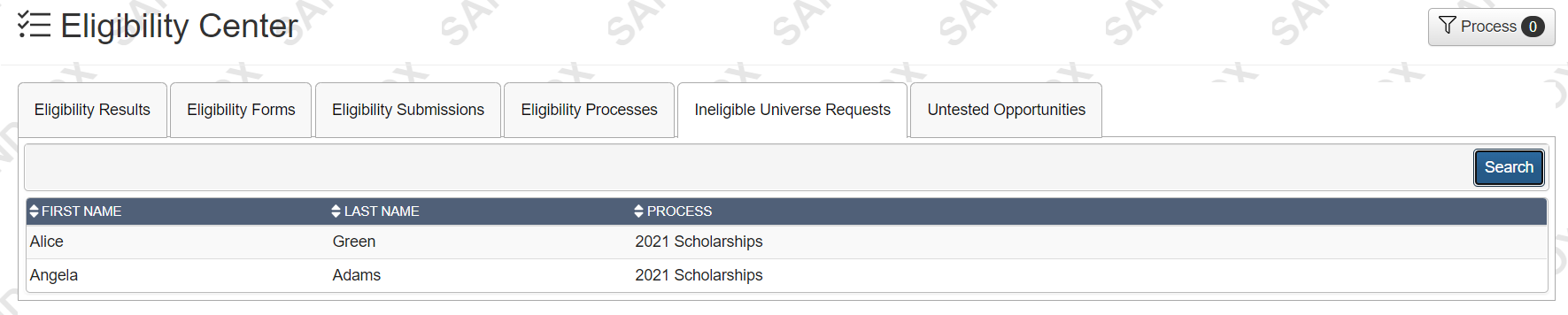 Ineligible Universe Requests tab