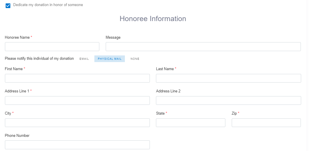 honoree physical mail information
