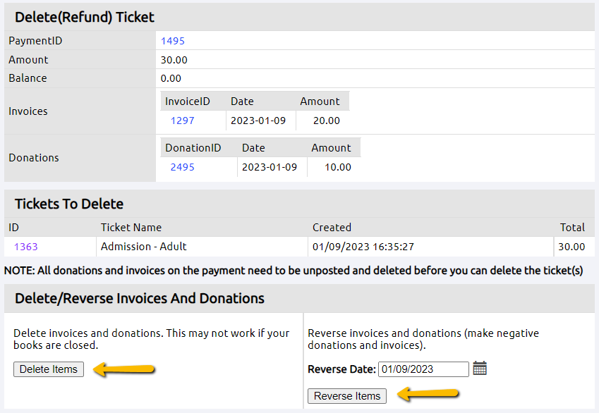 delete ticket buttons