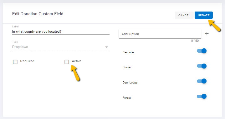 active box and update button
