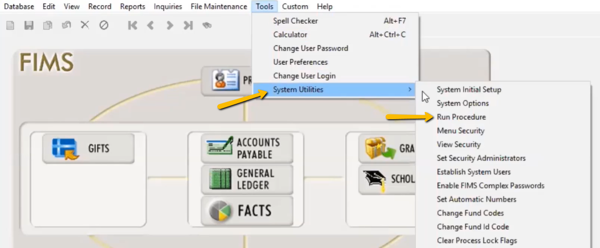 system utilities and run procedure buttons