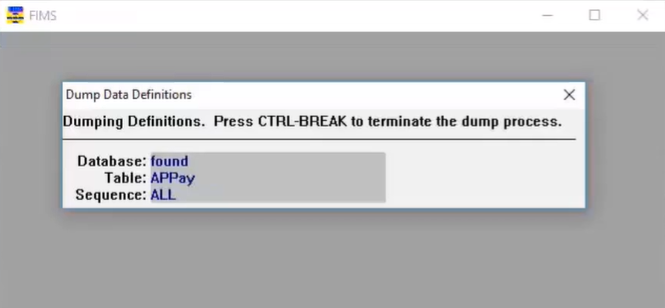 dump data definitions message