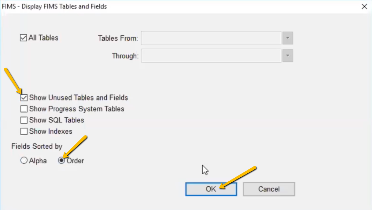 show unused tables and fields checkbox, order button, and ok button