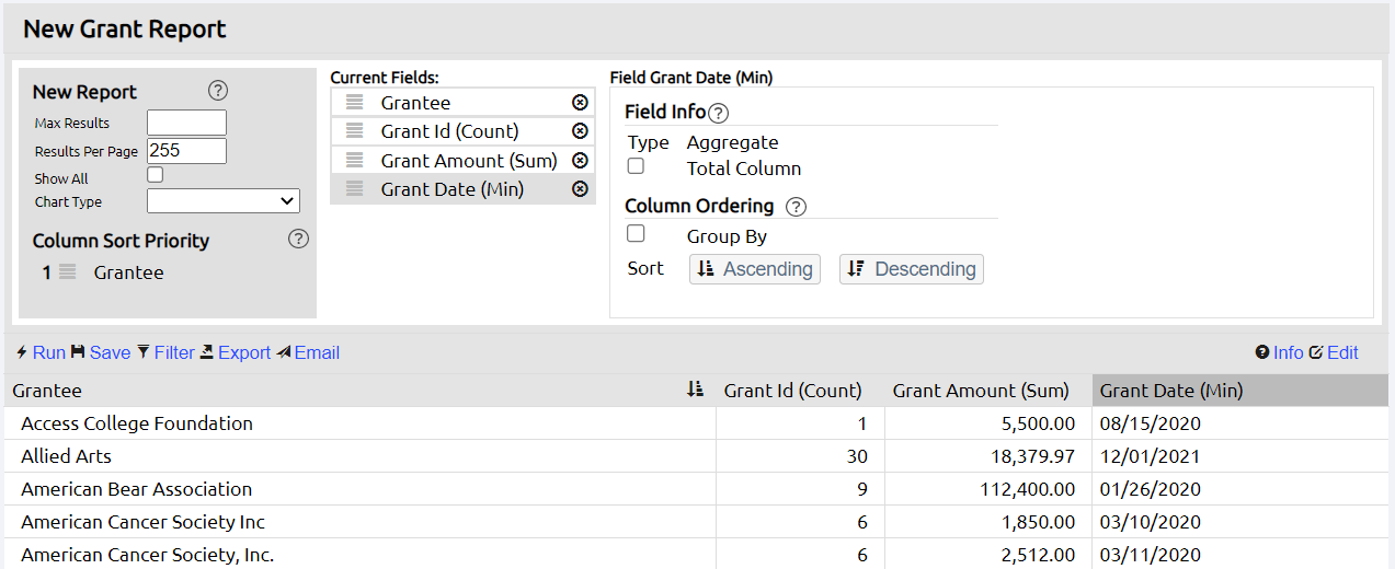 aggregates applied on report