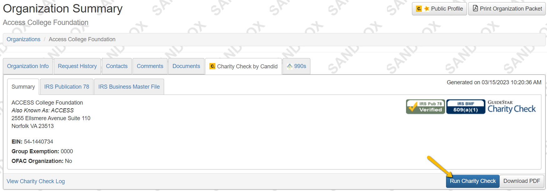 run charity check button
