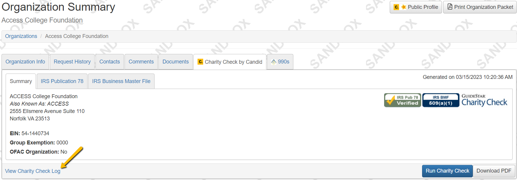 view charity check log link