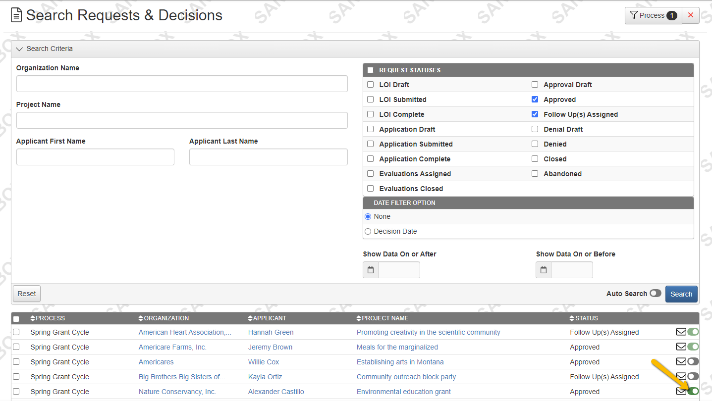 search requests and decisions toggle