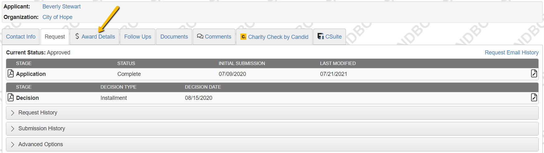 award details tab