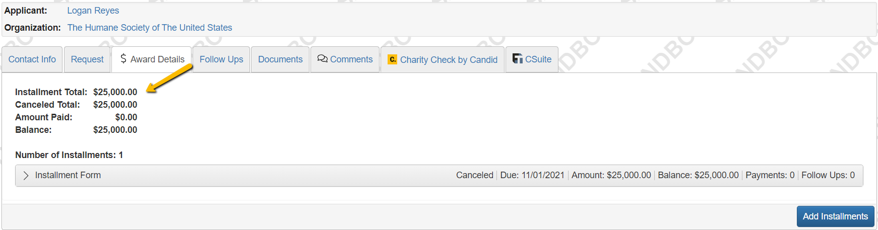installment total and balance amount