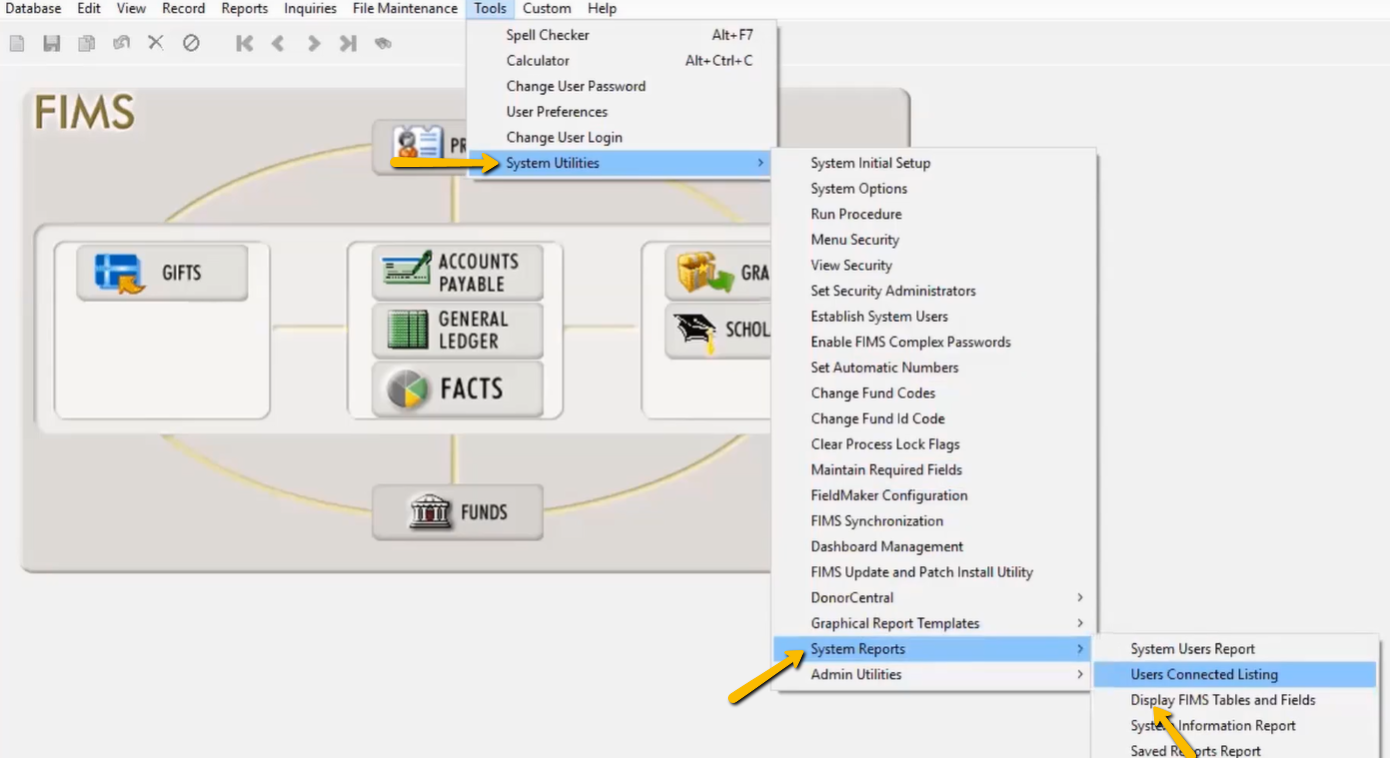 display FIMS tables and fields drop-down option