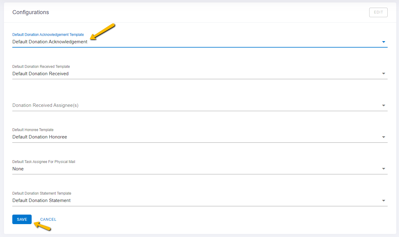 default donation acknowledgement template drop-down and save button