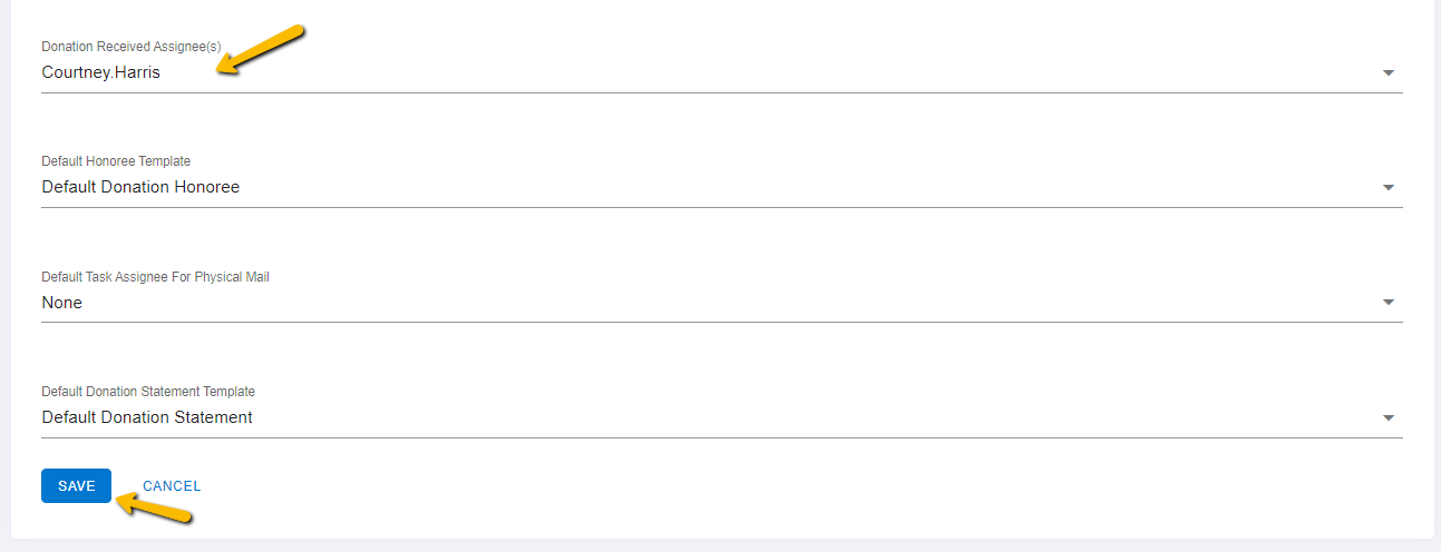 donation received assignee drop-down and save button