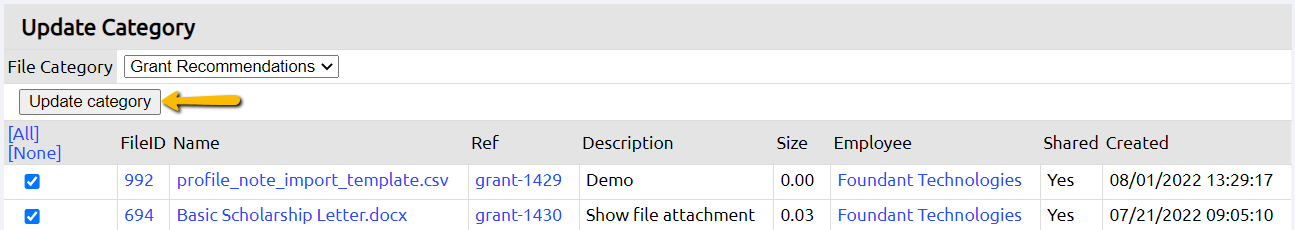 update category button