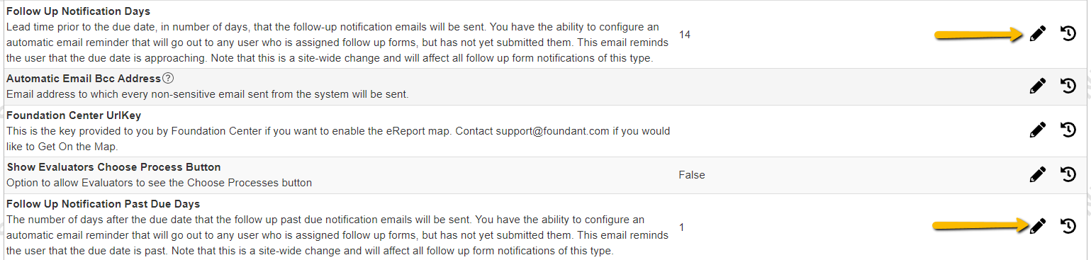 Follow up notification days setting and follow up notification past due days setting