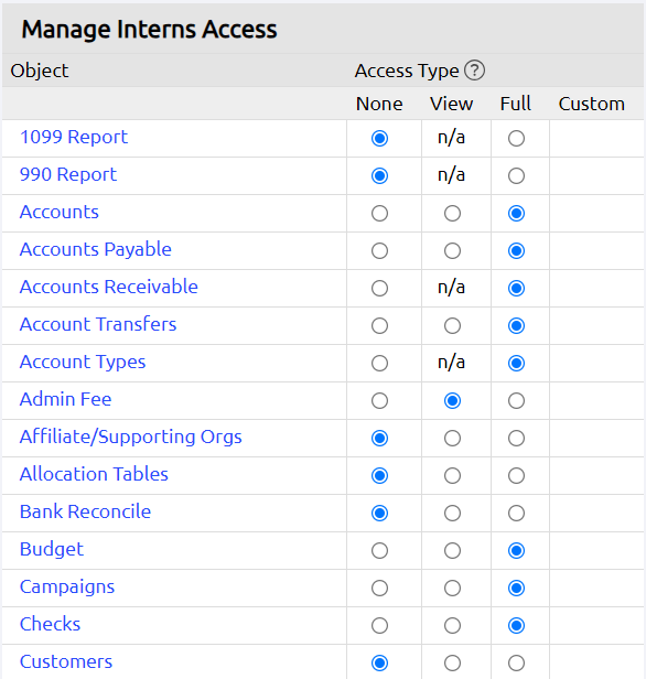 access type radio buttons
