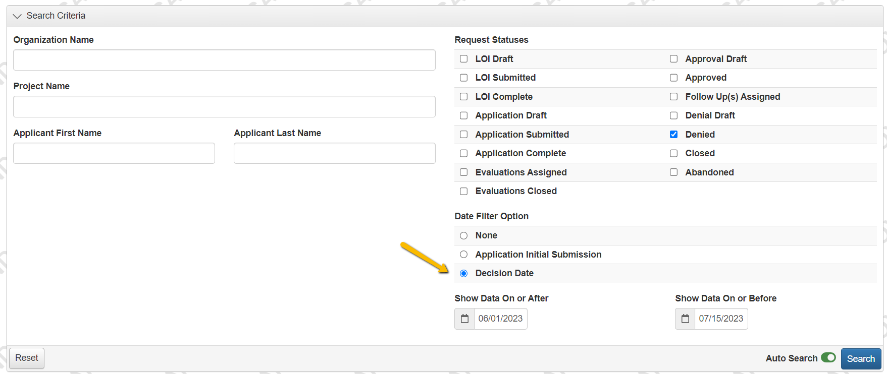 search criteria