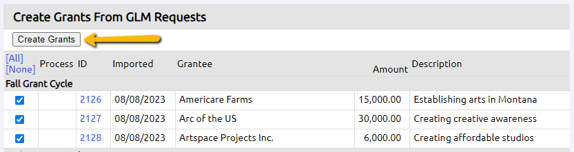 Create Grants button