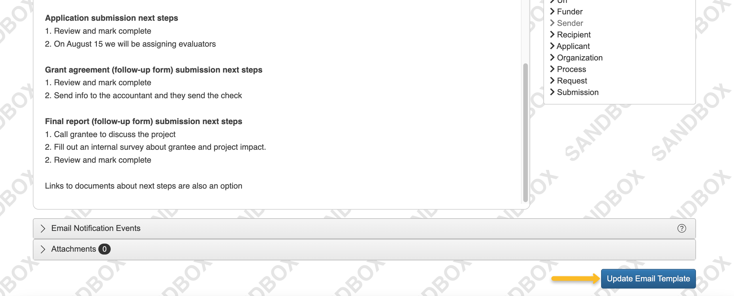update email template button