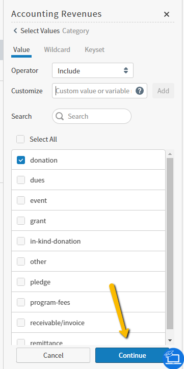 donation filter and continue button
