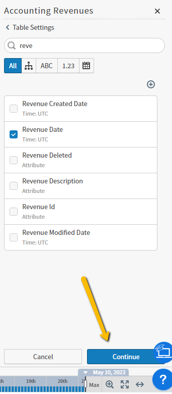 revenue date checkbox and continue button