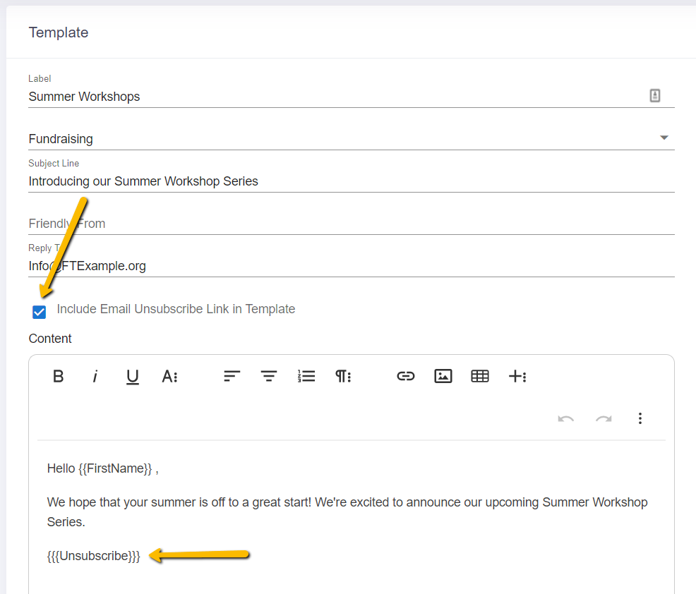 unsubscribe link in template box and the unsubscribe code link