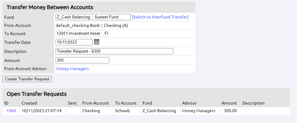create transfer request page