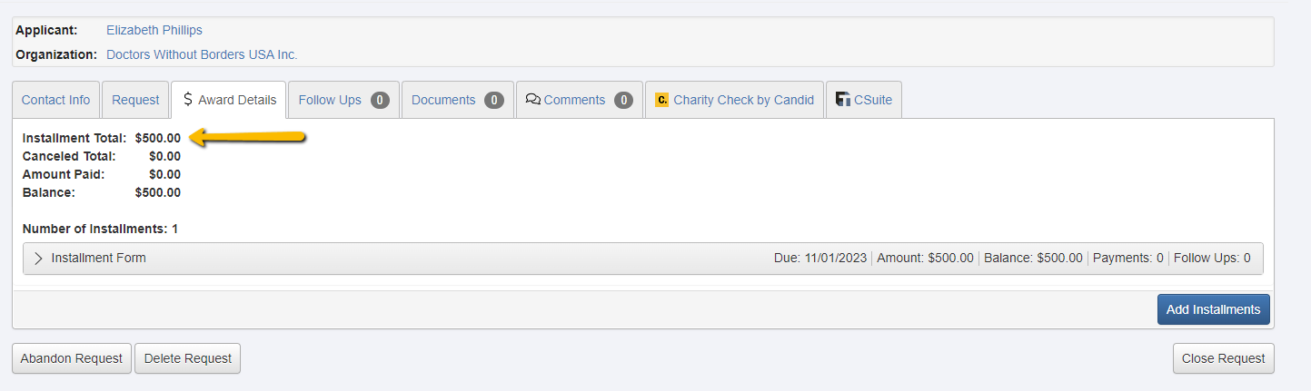 example requested award amount