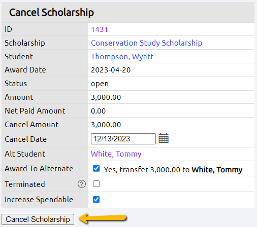 cancel scholarship button
