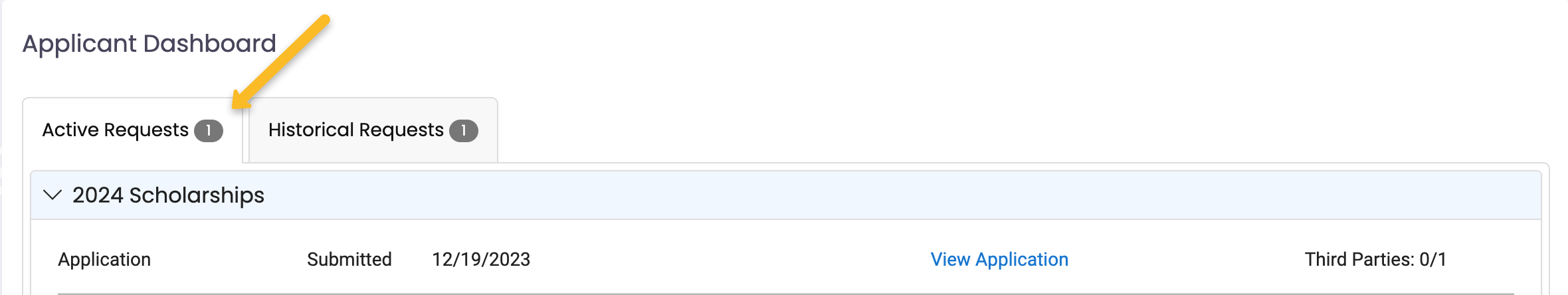 active and historical requests tabs