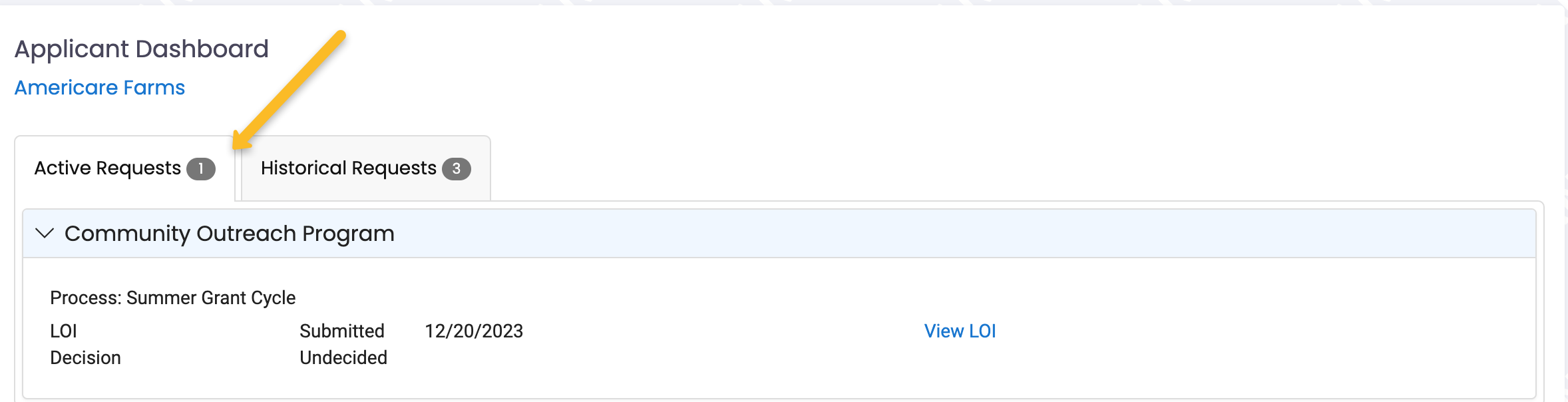 active and historical requests tabs