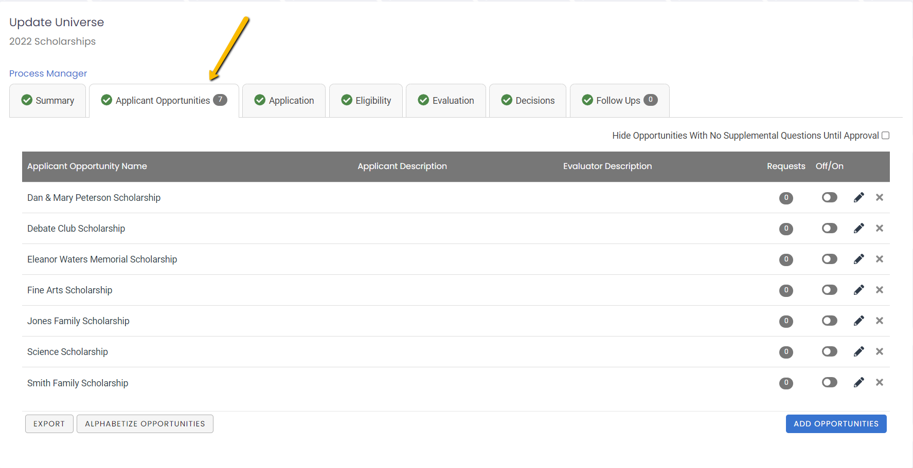 applicant opportunities tab