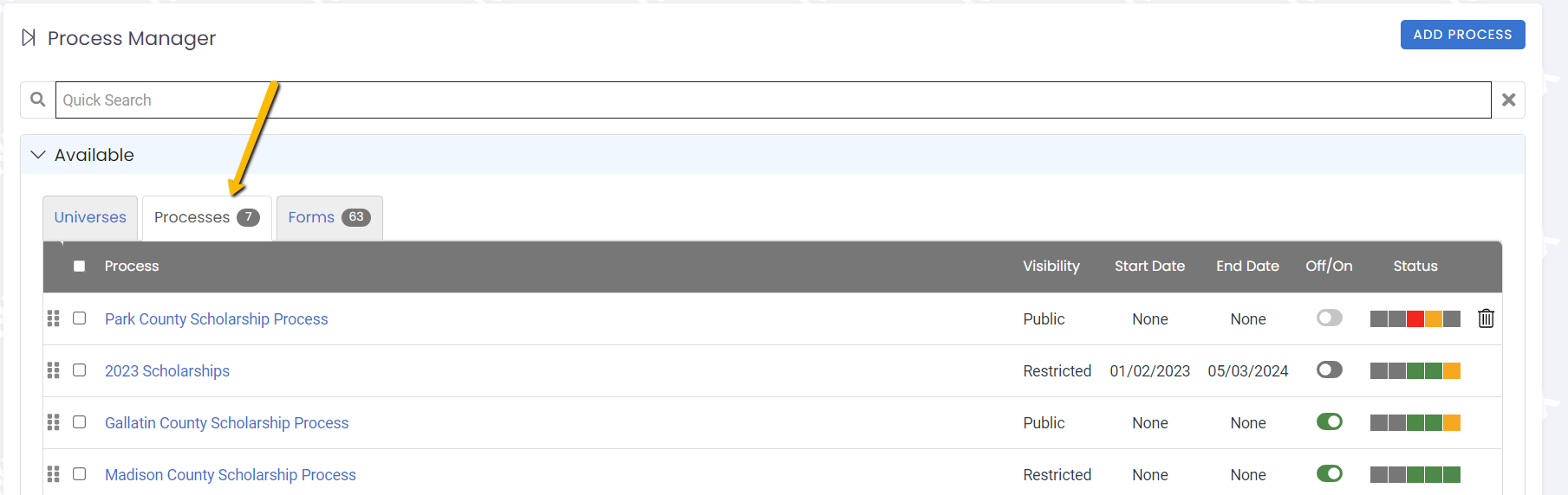 processes tab