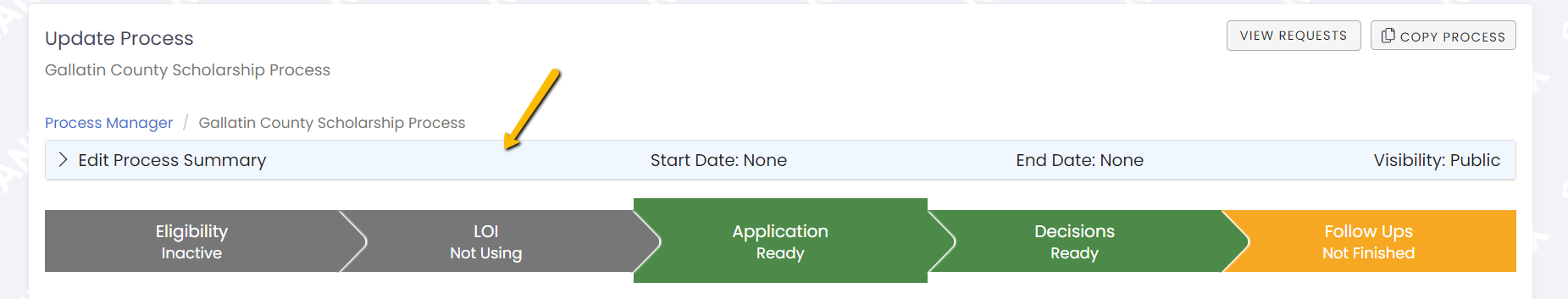 edit process summary drop-down