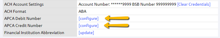 APCA debit and credit number fields