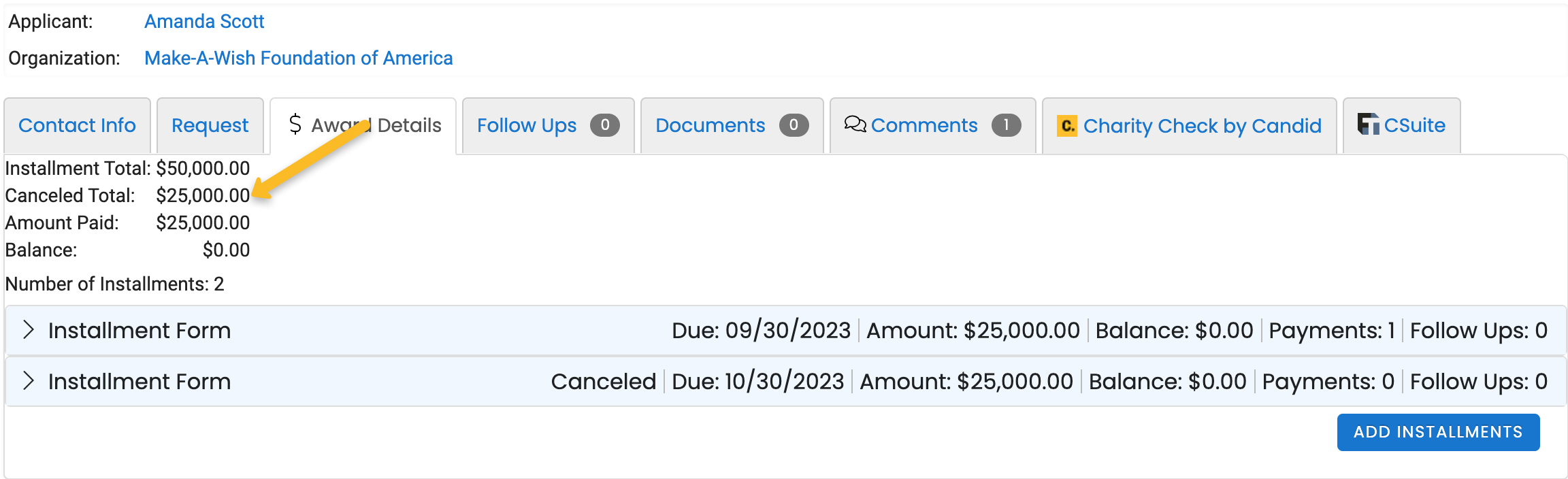 canceled total and balance