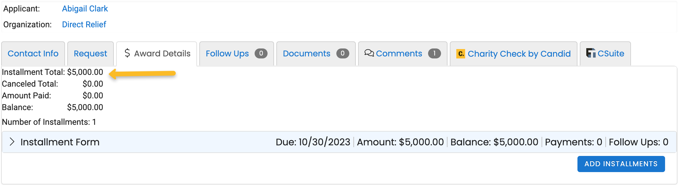 installment total and balance