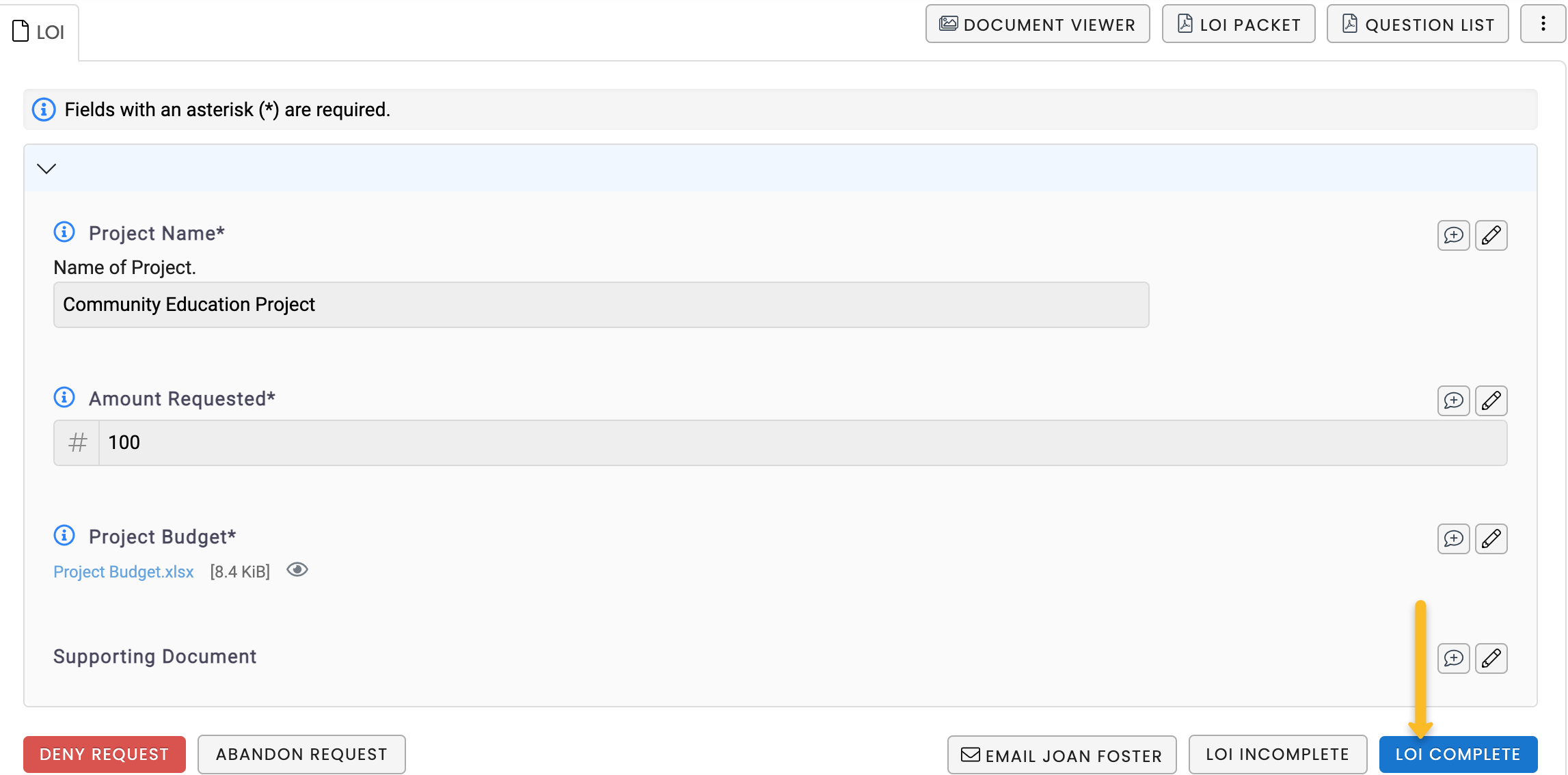 LOI Complete button