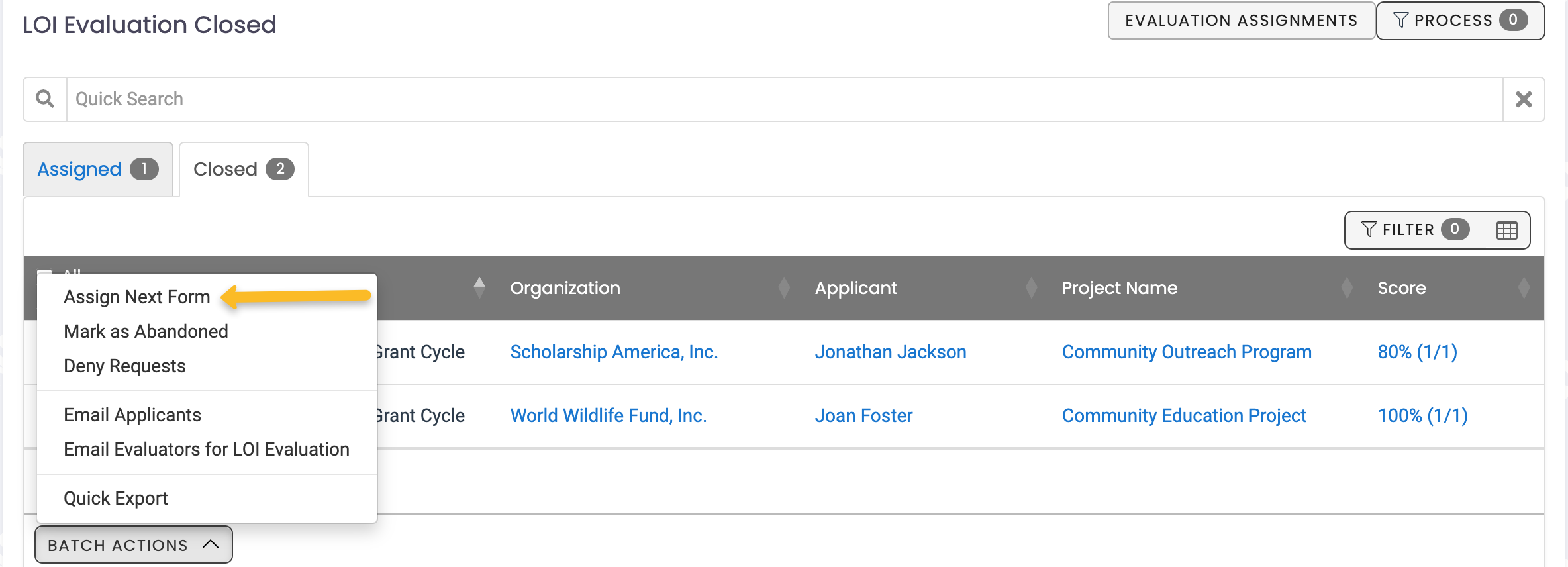 assign next form button