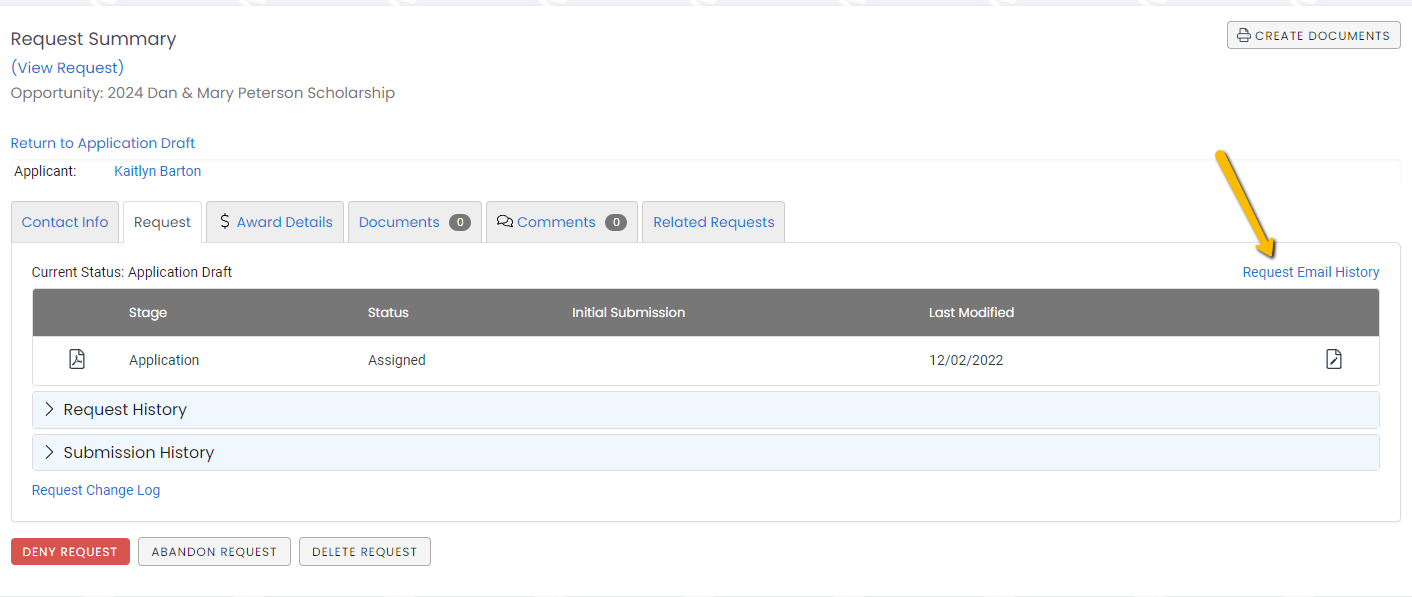 request email history button