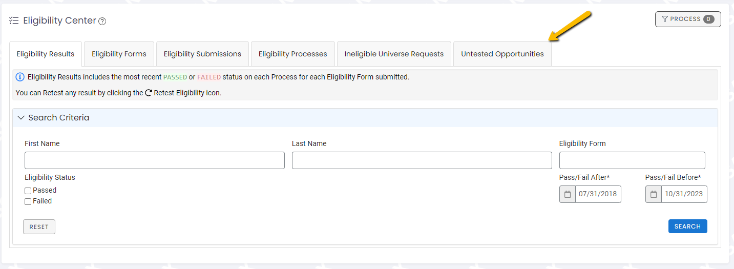 eligibility center untested opportunities tab