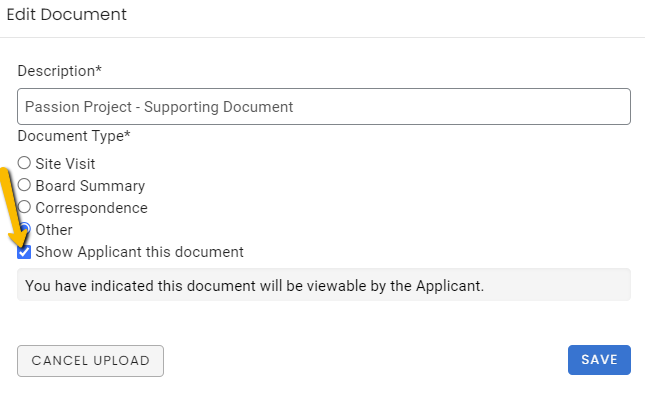 show applicant this document checkbox