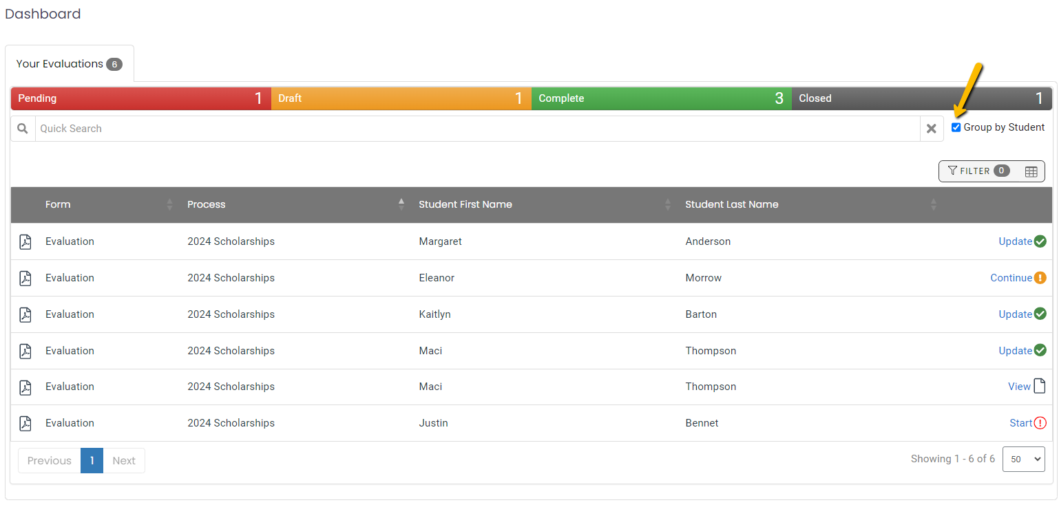 group by student checkbox