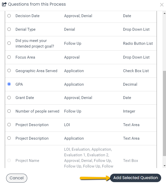 add selected question