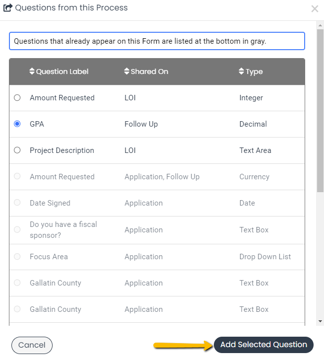 add selected question
