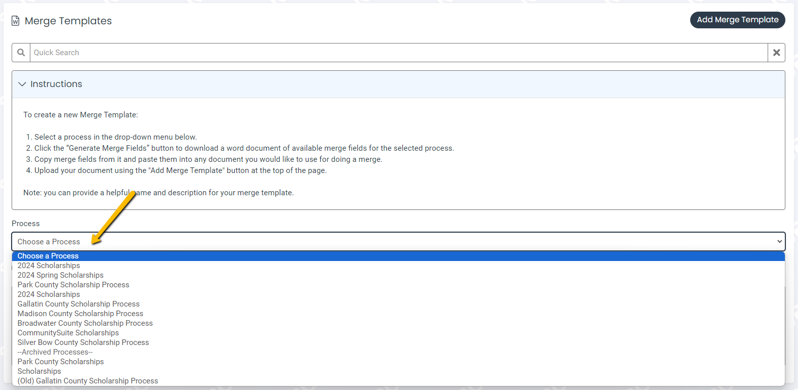 process selection dropdown