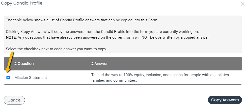 Candid question checkboxes