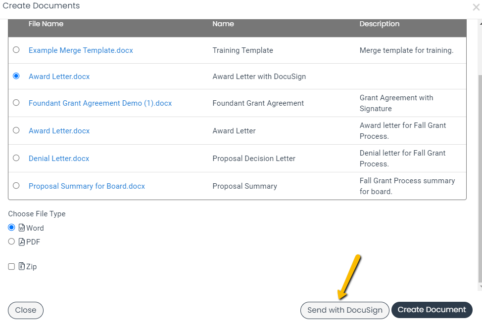 Send with DocuSign button
