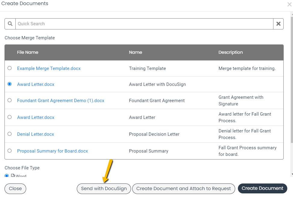 Send with DocuSign button