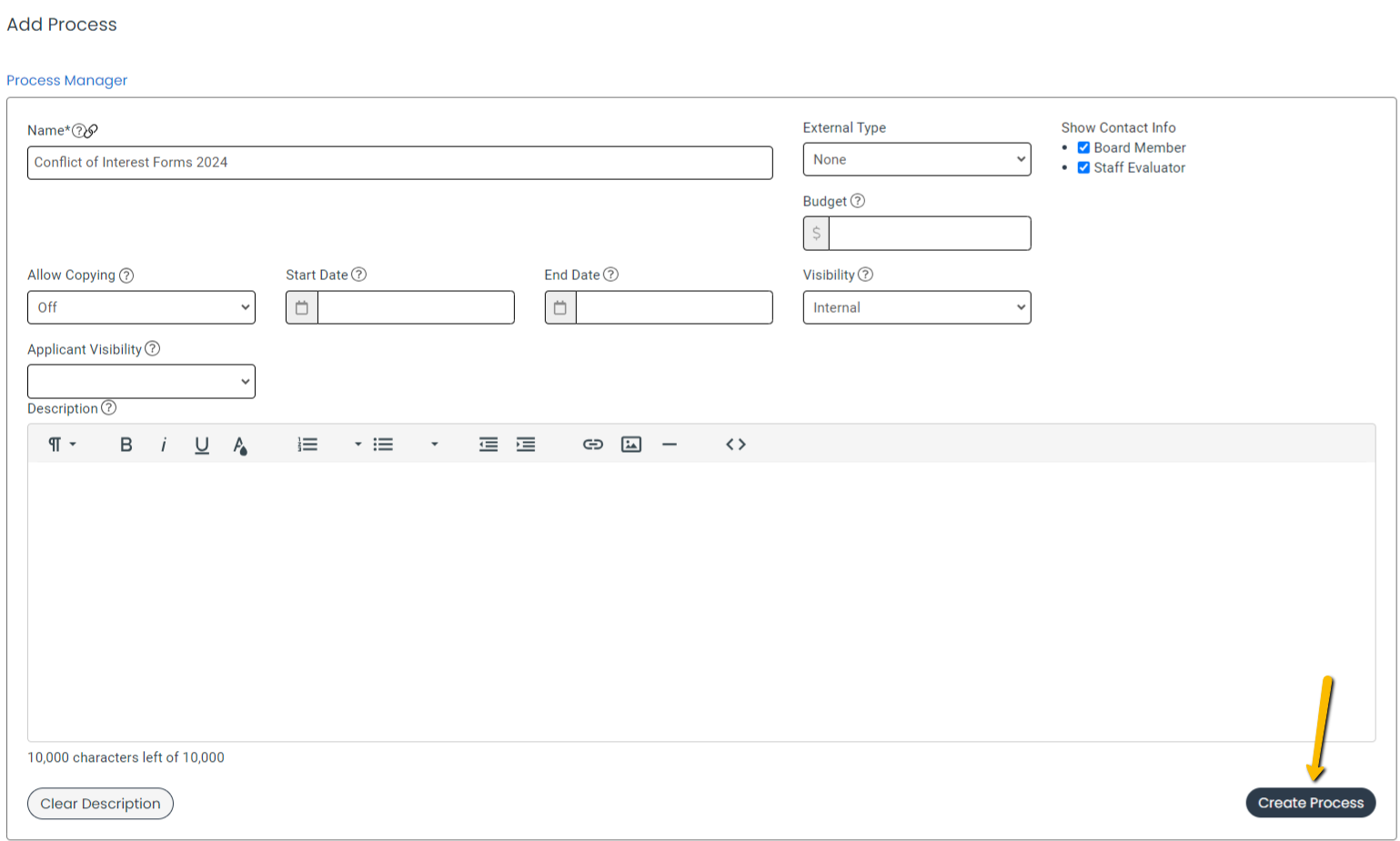 create process button